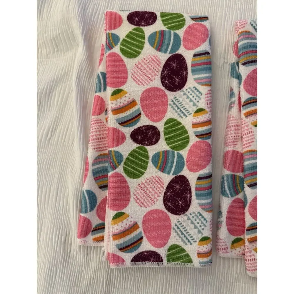 Lot of 3 Easter Dish Towels Egg Pink Multicolor Holiday Festive Home Kitchen